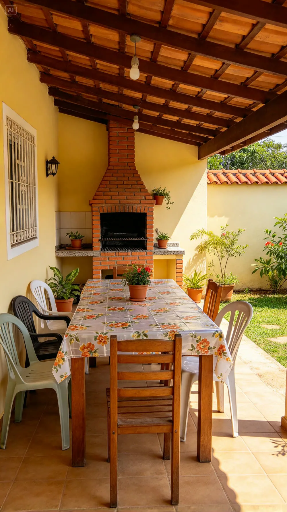 Porch with a barbecue grill and a table with a floral tablecloth, the recurring set of the sketches