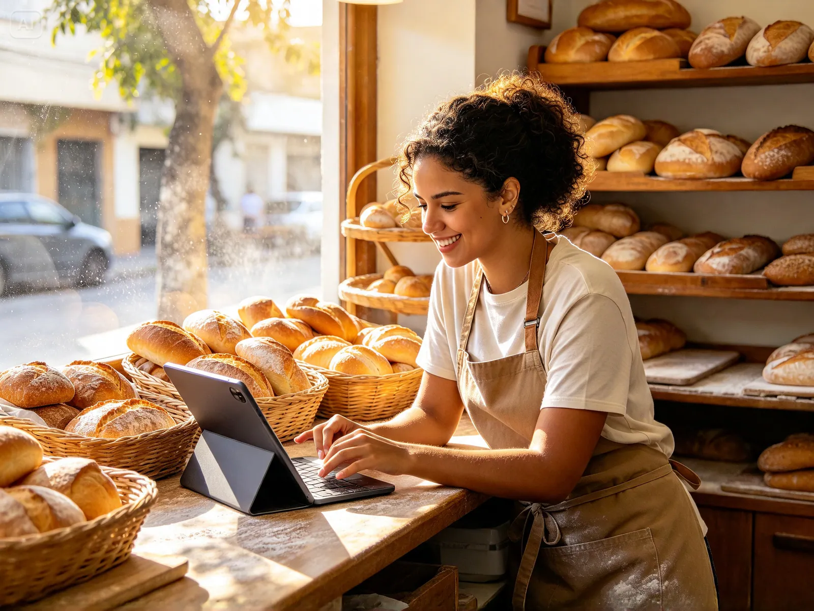 Bakery owner checking online orders on a tablet at the counter