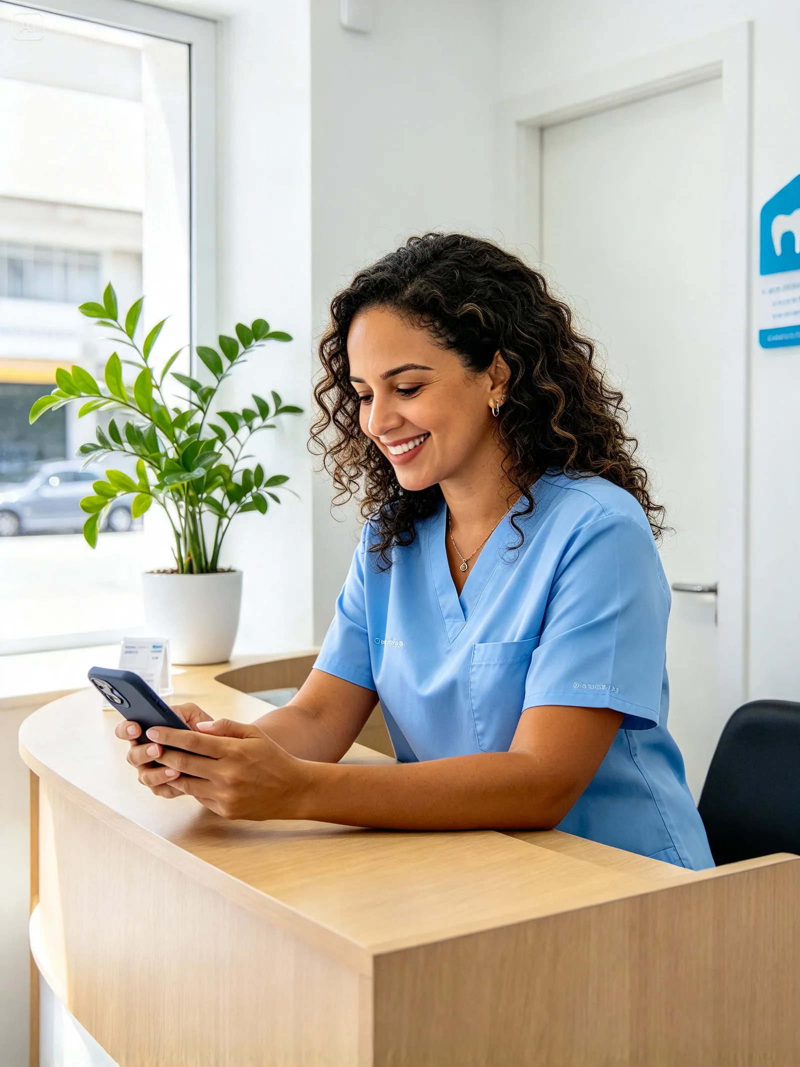 Dona de clínica odontológica sorrindo enquanto lê uma mensagem no celular, na recepção