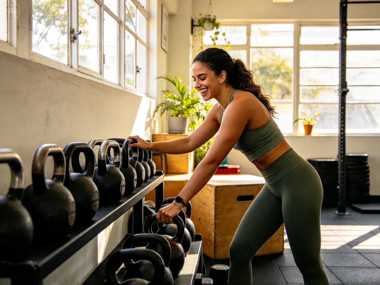 Personal trainer organizando kettlebells no estúdio