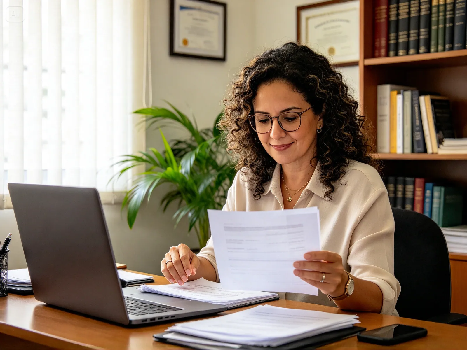 Contadora revisando documentos no escritório